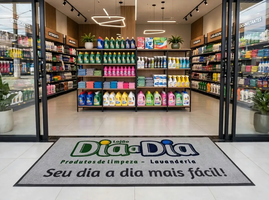 Tapete com a logo do Lojão Dia a Dia na entrada da própria loja, com as prateleiras de produtos de limpeza ao fundo
