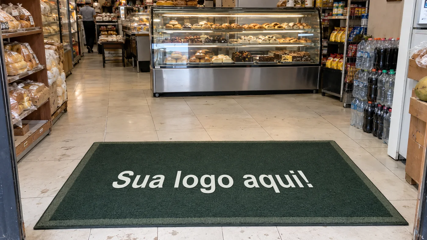 Tapete de entrada verde com os dizeres Sua logo aqui na frente do balcão de uma padaria de bairro